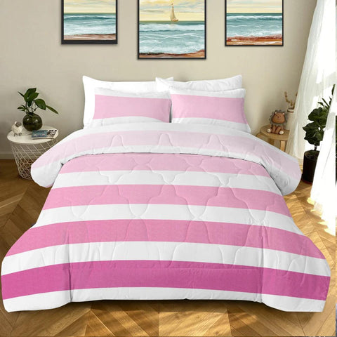 3 Piece Pink and White Stripes Design Comforter Set Comfortable Quilt Set Suitable for All Seasons Home Decor