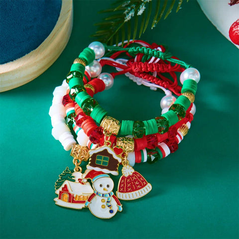 4Pc/Set Merry Christmas Tree Santa Claus Bracelet For Women Xmas Deer Crystal Polymer Clay Beads Woven Bracelet New Year Jewelry