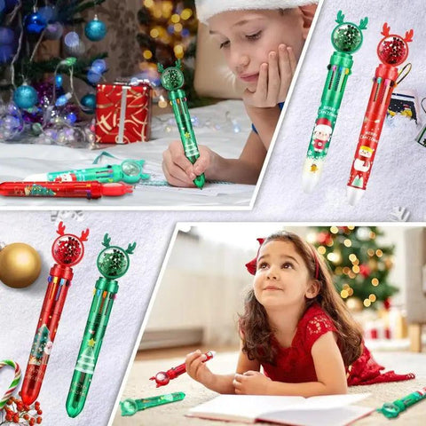 10-1PC Christmas Ballpoint Pen 10 In 1 Retractable Multicolor Xmas Santa Snowman Writing Pens for Christmas School Party Favors