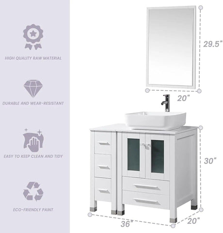 36” Bathroom Vanity Sink Combo with Free Standing Small Side Cabinet, Ceramic Vessel Sink&Water Save Faucet & Pop Up Drain&Mirro