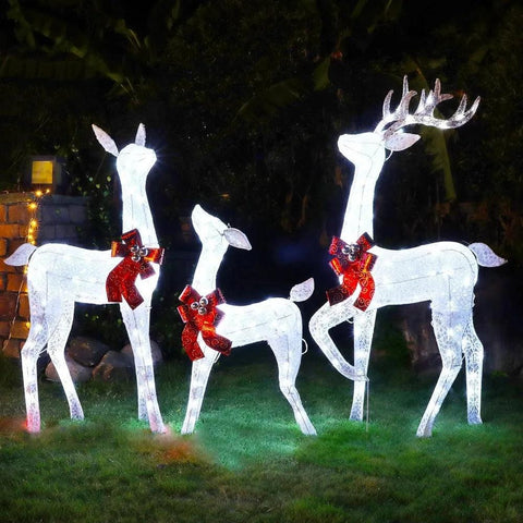 Christmas Yard Decoration, Set of 3 Pre-lit White Reindeer with 265 LEDs White Lights, 3D Light Up Glittered Standing Reindeer