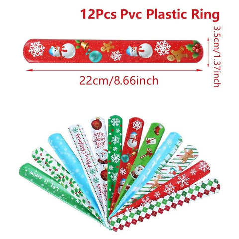 12pcs Christmas Slap Bracelets Santa Claus Snowman Elk Tree Printed Colorful PVC Wristband Child Kids Gifts Xmas Party Supplies