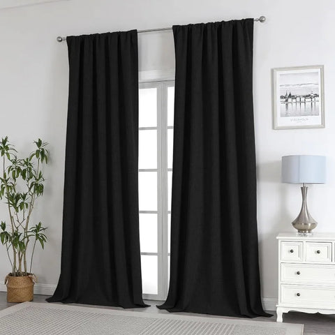 Blackout Linen Curtains Long 100% Blackout Drapes 95 inch Length 2 Panels Set