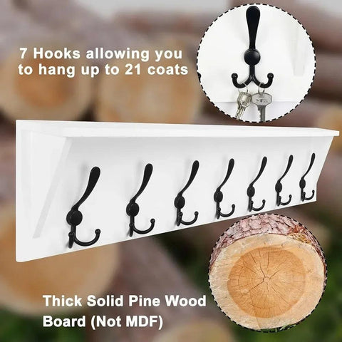 Hat rack wall mounted shelf, with 7 three hook 35 inch heavy-duty wooden entrance shelves, with hooks, white