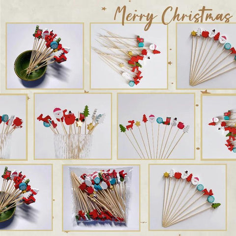 Christmas Disposable Bamboo Stick Cake Salad Fruit Food Toothpicks Christmas New Year Decor Christmas Party Decor 100PCS