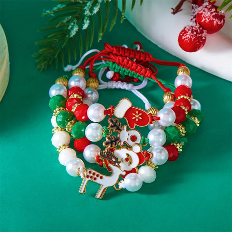 4Pc/Set Merry Christmas Tree Santa Claus Bracelet For Women Xmas Deer Crystal Polymer Clay Beads Woven Bracelet New Year Jewelry