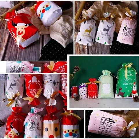 10Pcs Drawstring Christmas Gifts Bag Santa Claus New Year 2024 Large Candy Bag Cookie Packaging Bag Navidad Xmas Home Decoration