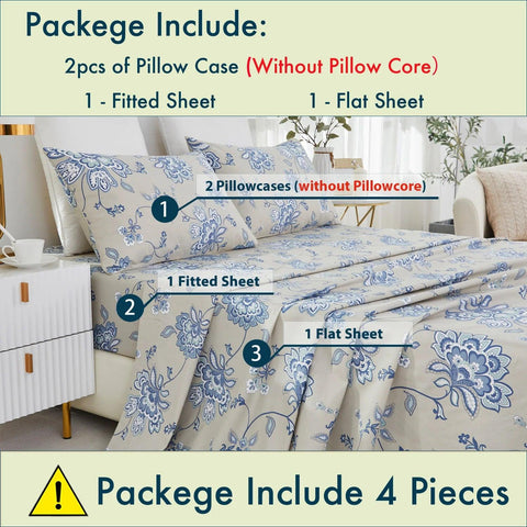 4pcs 600 TC 100% Egyptian Cotton Fitted Sheet Set (Without Core), Blue Floral in Boho Damask Paisley, Soft & Skin-friendly