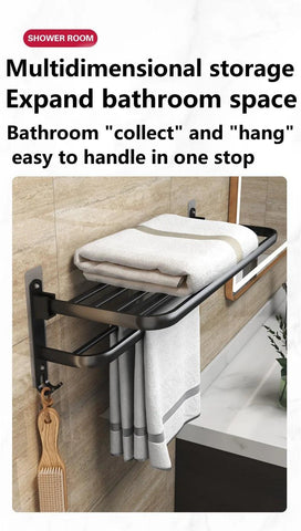 Wall-Mounted Bathroom Black Storage Rack Foldable Hook Towel Rack Bathroom Storage Belongs To Bathroom Facilities