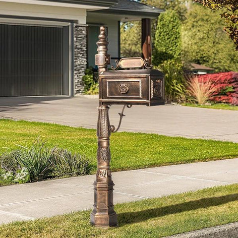 Decorative Large Mailbox with Post, Heavy Duty Cast Aluminum Postal Mail Box with Address Plaque, Antique Bronze