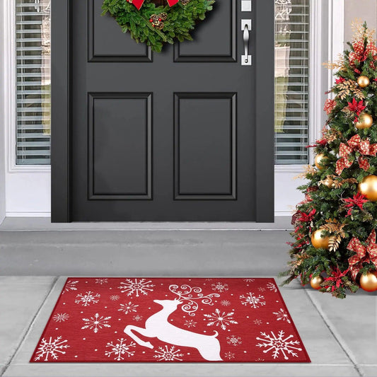 Christmas Decorative Doormat Holiday Christmas Deer Welcome Mat for Home Decoration Non Slip Backing Entrance Floor Mat