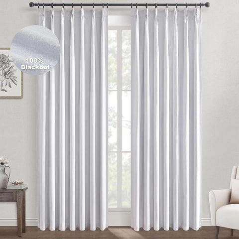 Pleated Curtains 96 Inch Long, 100% Blackout Thermal Insulated Natural Linen Pinch Pleat Viral Drapes with Hooks Rings 2 Panel