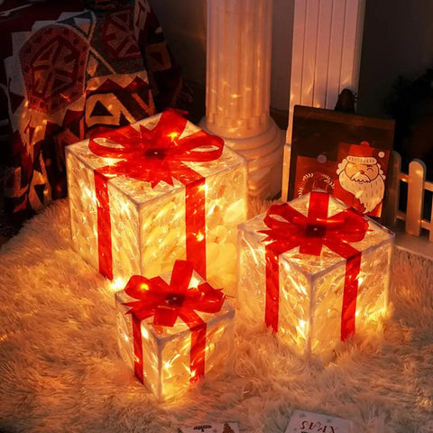 LED Lighted Christmas Gift Boxes Reusable Light Up Cube Present Box with Bow Top Xmas Festive Atmosphere Decor