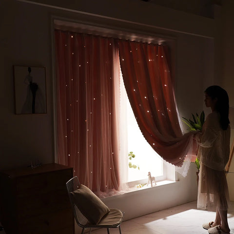 YanYangTian Star Curtain Blackout Partition Window Hanging ring for Bedroom Living room With gauze pink Simple Decor curtain