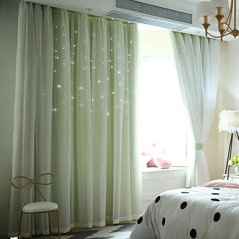 Bright Double Layer Blackout Star Hollow Curtains with Lace Tulle Fabric for Home Living Room Bedroom Window Decor