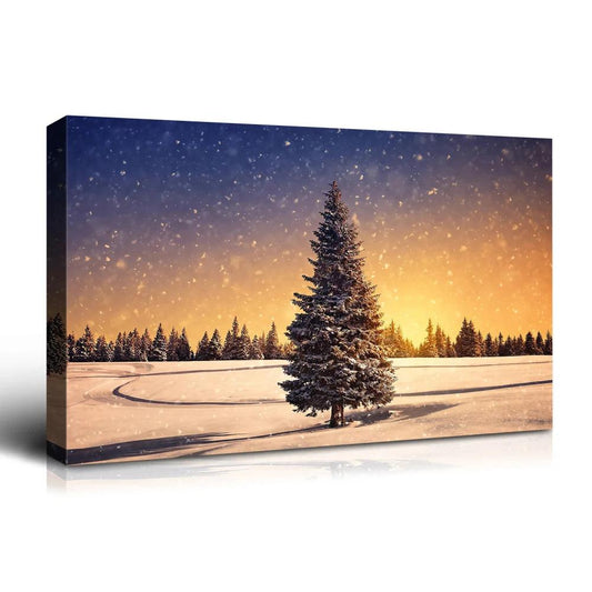 Framed Canvas Wall Art Painting: Christmas Tree in Dawn for Christmas, Gift & Decor for Christmas Eve, Living Room, Bedroom