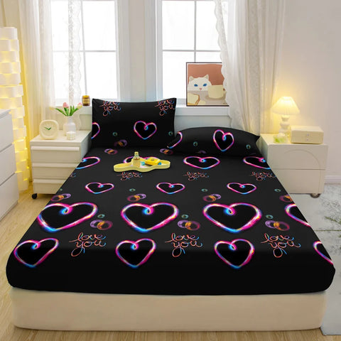 1 Simple Modern Heart-Shaped Printed Matte Fitted Sheet, Bedroom Printed Bed Cover, Bedding (Excluding Pillowcases)