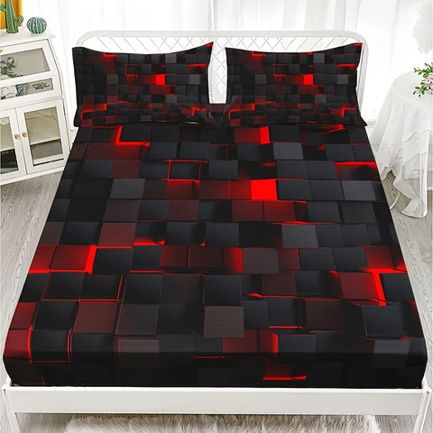 Technology-inspired Red Plaid Fitted Sheet Set (1 Fitted Sheet + 2 Pillowcase) Soft HD Printing Bedding For Home Dormitory