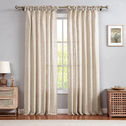 White Tie Top Curtain Semi Sheer Window Treatment Linen Cotton Blend Decorative for Living Room Drape 108 Inch Length