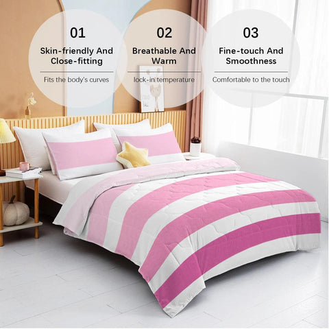 3 Piece Pink and White Stripes Design Comforter Set Comfortable Quilt Set Suitable for All Seasons Home Decor