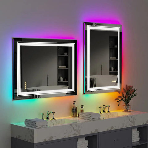 LUVODI Rectangle RGB LED Bath Mirror Wall Mounted Waterproof Demist Vanity Makeup Mirror with Multicolor Lights