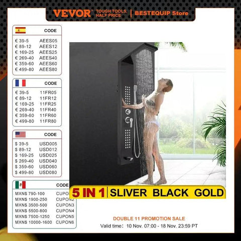 VEVOR  LED Light Shower Panel System Waterfall Rain Shower Faucet SPA Massage Jets Tub Shower With Bidet Bath Taps For Bathroom