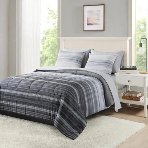 Grey Ombre Stripe Bed-in-a-Bag Set Comforter Shams Sheet Reversible Pattern Soft Polyester Machine Washable Queen Size Adult &