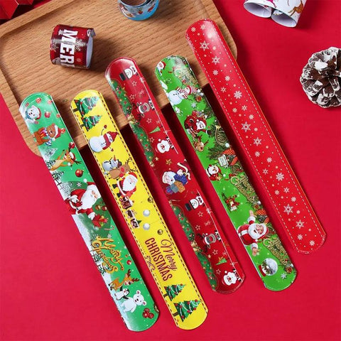 12pcs Christmas Slap Bracelets Santa Claus Snowman Elk Tree Printed Colorful PVC Wristband Child Kids Gifts Xmas Party Supplies