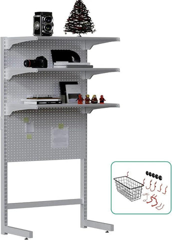 DDB Gaming Standing Shelf Units, 30‘’ Free Standing Gaming Shelf Pegboard Cabinet with Home Office Metal Pegboard and 15 Pieces