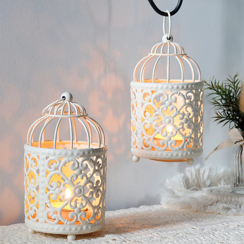 Small Metal Cage Candle Holder Hanging Lantern White Hollow Lantern for Living Room Wedding Party Home Halloween Christmas Decor