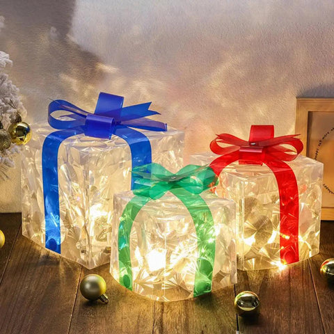 LED Lighted Christmas Gift Boxes Reusable Light Up Cube Present Box with Bow Top Xmas Festive Atmosphere Decor