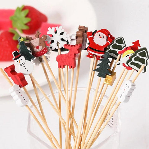 Christmas Disposable Bamboo Stick Cake Salad Fruit Food Toothpicks Christmas New Year Decor Christmas Party Decor 100PCS