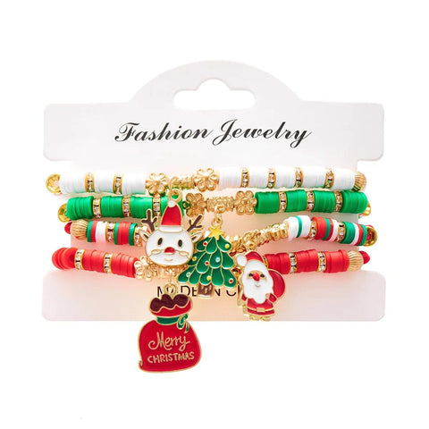 4Pc/Set Merry Christmas Tree Santa Claus Bracelet For Women Xmas Deer Crystal Polymer Clay Beads Woven Bracelet New Year Jewelry