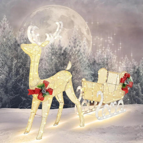 4FT Lighted Christmas Reindeer & Sleigh Outdoor Yard Decoration Set W/ 205 LED Lights & 8 Ground Stakes, Zip Ties, Art