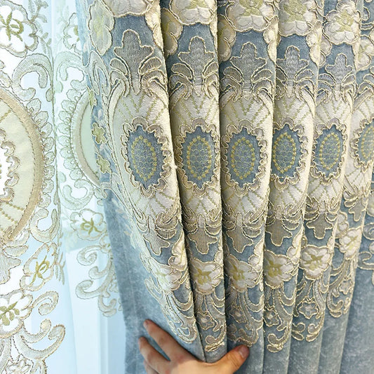 European Embroidery Blue Luxury Curtains for Living Room Bedroom Dining Blackout Window Decor Chenille Jacquard Tulle Custom