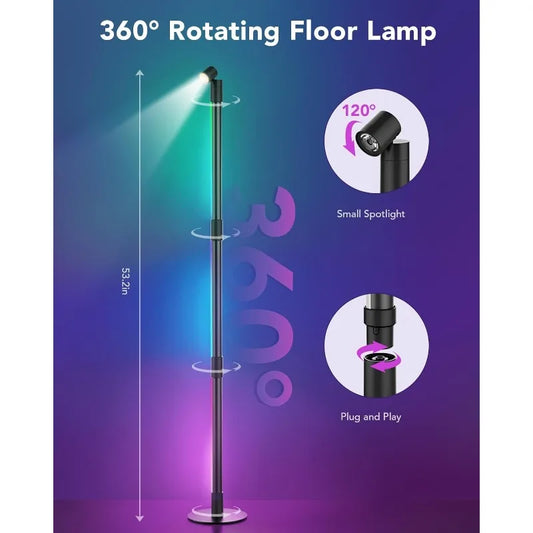 RGB Corner Floor Lamp, 360° Rotating LED Corner Lamp with Spotlight, Bluetooth Smart & Remote Control, Plug