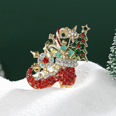 Rhinestone Christmas Sock Brooch for Women Christmas Gift Pins Office Party Friend Gifts Jewelry Accessories