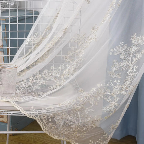 Double Layered Curtains with Embroidered White Sheer Tulle, Room Darkening Grommet Top Curtains Drapes, 2Panels