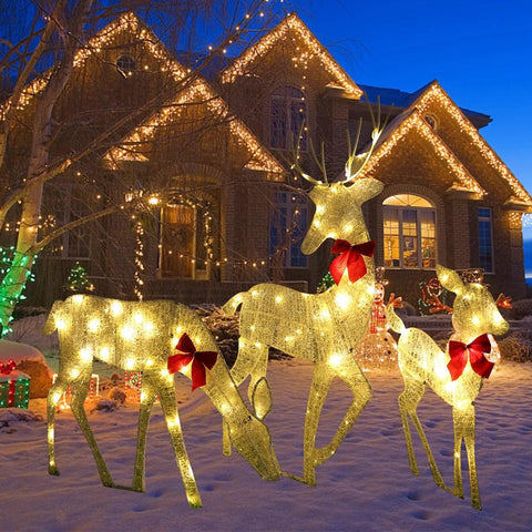 3Pcs LED Light Bucks Iron Art with 5Pcs LED String Light 2D Deer Christmas Decor Light Up Bucks Metal for Yard Patio Lawn Decor