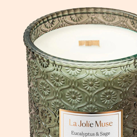 LA JOLIE MUSE Scented Candles Eucalyptus & Sage, Large Wood Wicked Candles, Decorative Candles in Glass, Natural Soy Wax