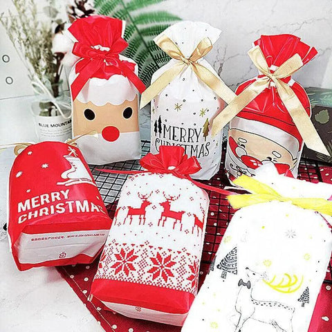 10Pcs Drawstring Christmas Gifts Bag Santa Claus New Year 2024 Large Candy Bag Cookie Packaging Bag Navidad Xmas Home Decoration