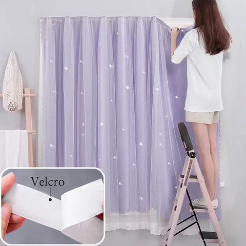 YanYangTian Star Curtain Blackout Partition Window Hanging ring for Bedroom Living room With gauze pink Simple Decor curtain