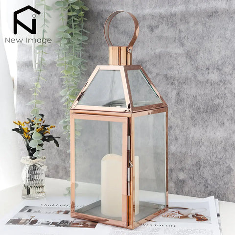 Rose Gold Stainless Steel Candle Holder Decorative Lanterns  with Tempered Glass Table Candle Stick Wedding Party Home Decor