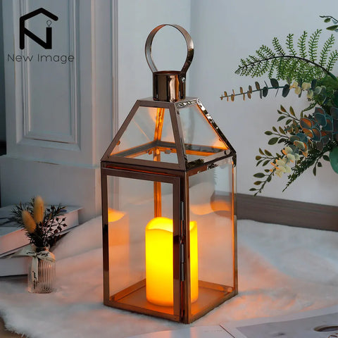 Rose Gold Stainless Steel Candle Holder Decorative Lanterns  with Tempered Glass Table Candle Stick Wedding Party Home Decor