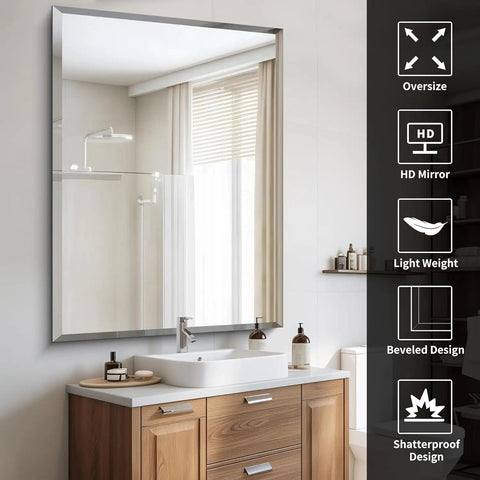 Bathroom Mirror, 36x48 Inch Large Bathroom Mirrors for Over Sink, Upgraded Shatterproof Beveled Frameless Vanity Mirror for Bath