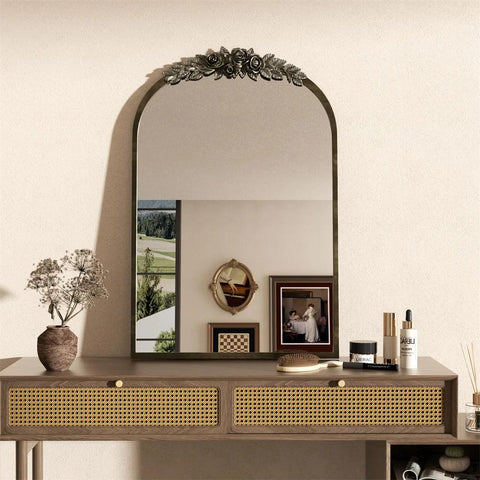 LUVODI Arched Antique Brass Wall Mirror Metal Frame Adorned with Resin Rose Pattern for Entryway,Fireplace,Living Room