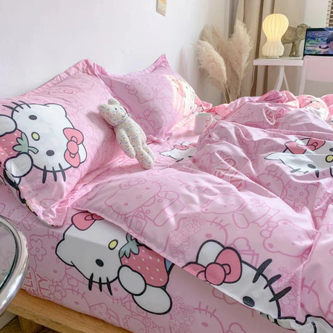 Cute Double Cotton Bedding Set with Four-Piece Linens, Pillowcase, Textile for Girl's Dormitory Bedclothes