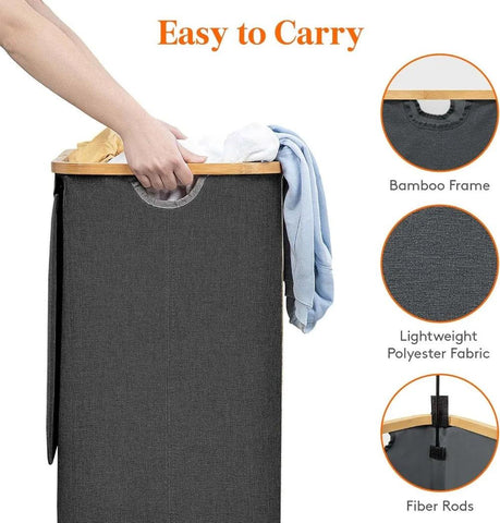 Laundry Basket with Lid/Laundry with Bamboo Handles and 2 Removable Laundry Bags/Large Foldable for Bedroom BathroomDorm Black