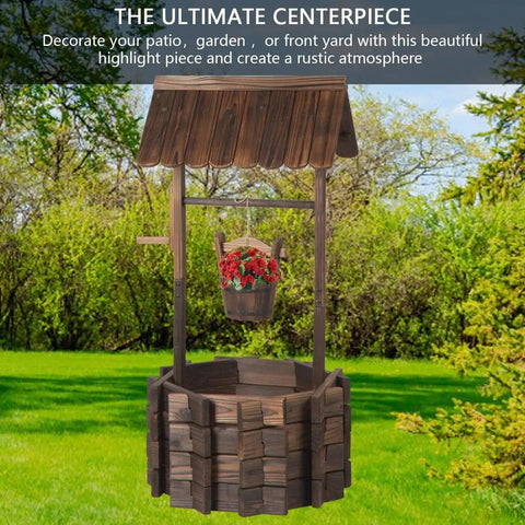 Wooden Wishing Well Planter with Hanging Bucket for Flower and Plants Indoor and Outdoor, Rustic Flower Planter Patio Garden