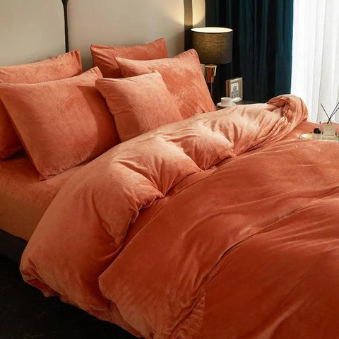 Velvet Burnt Orange Duvet Cover Queen Size, Soft Flannel Duvet Cover with Zipper Solid Breathable Silky Velour Comforter